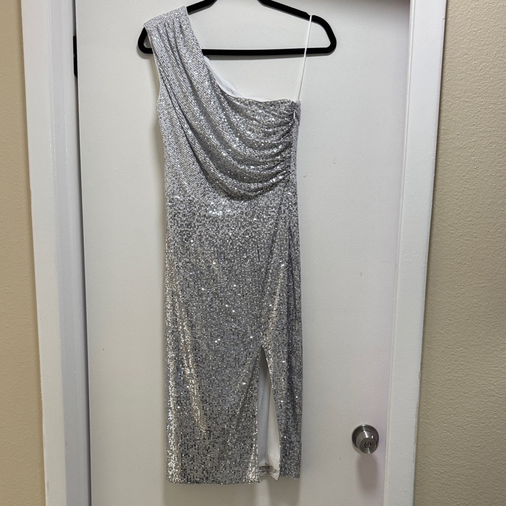 Dress the Population Sparkling Silver One Shoulder Dress